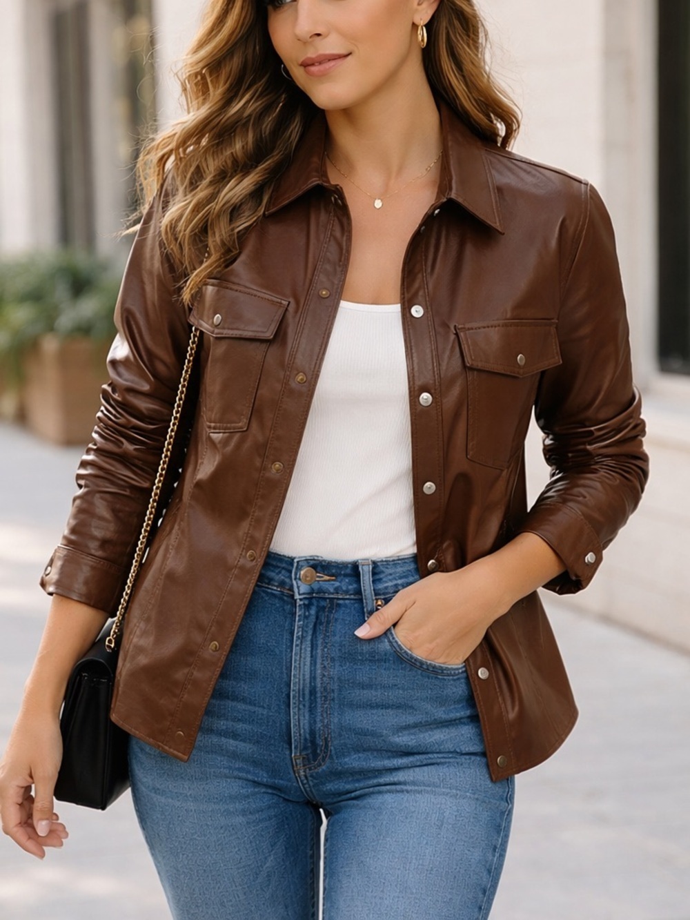 Stoosh Brown Faux Leather Button Front Shirt Jacket NWT Size L